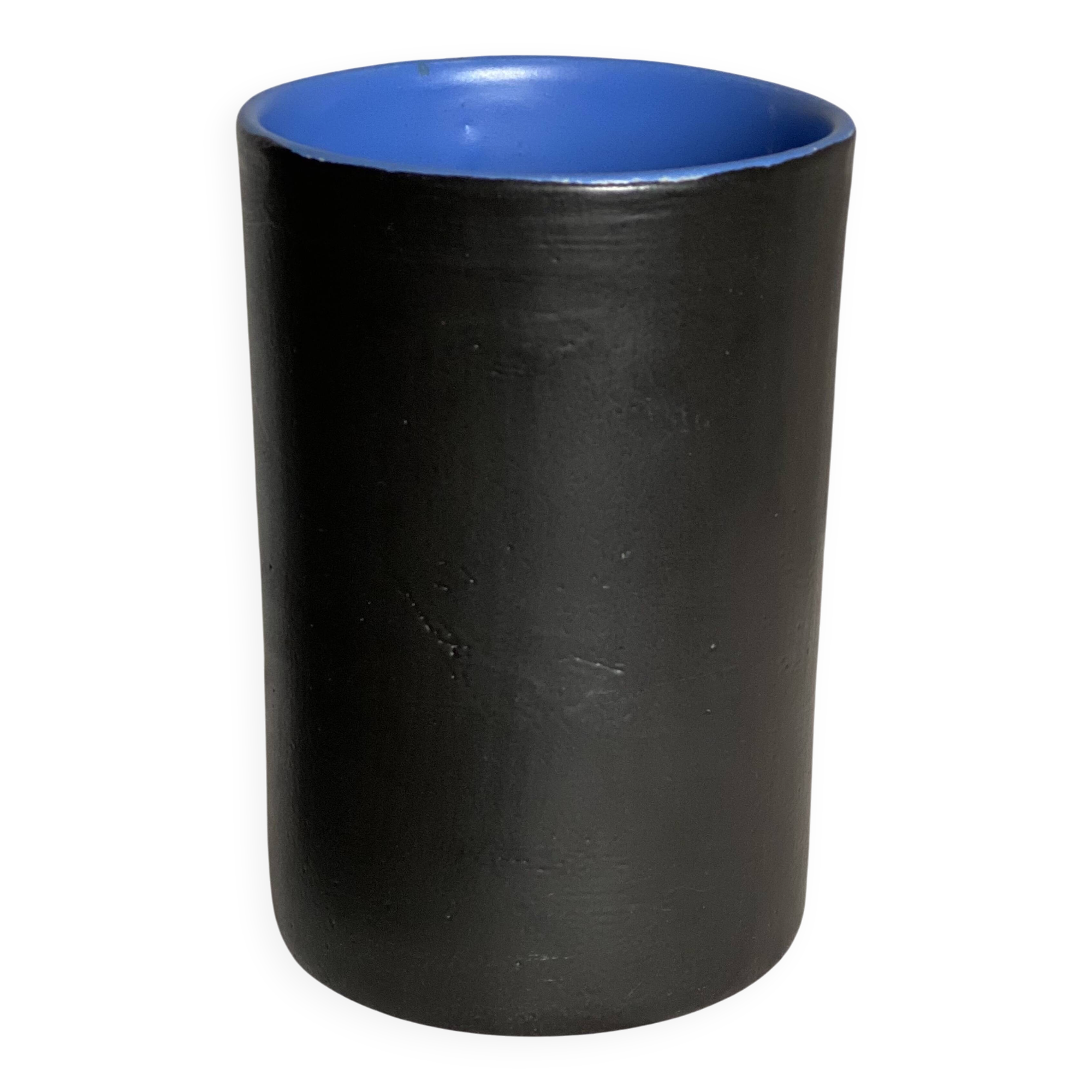 Vintage 1970s black ceramic roll vase signed Dumez.