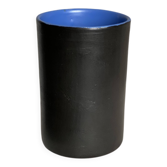 Vintage 1970s black ceramic roll vase signed Dumez.