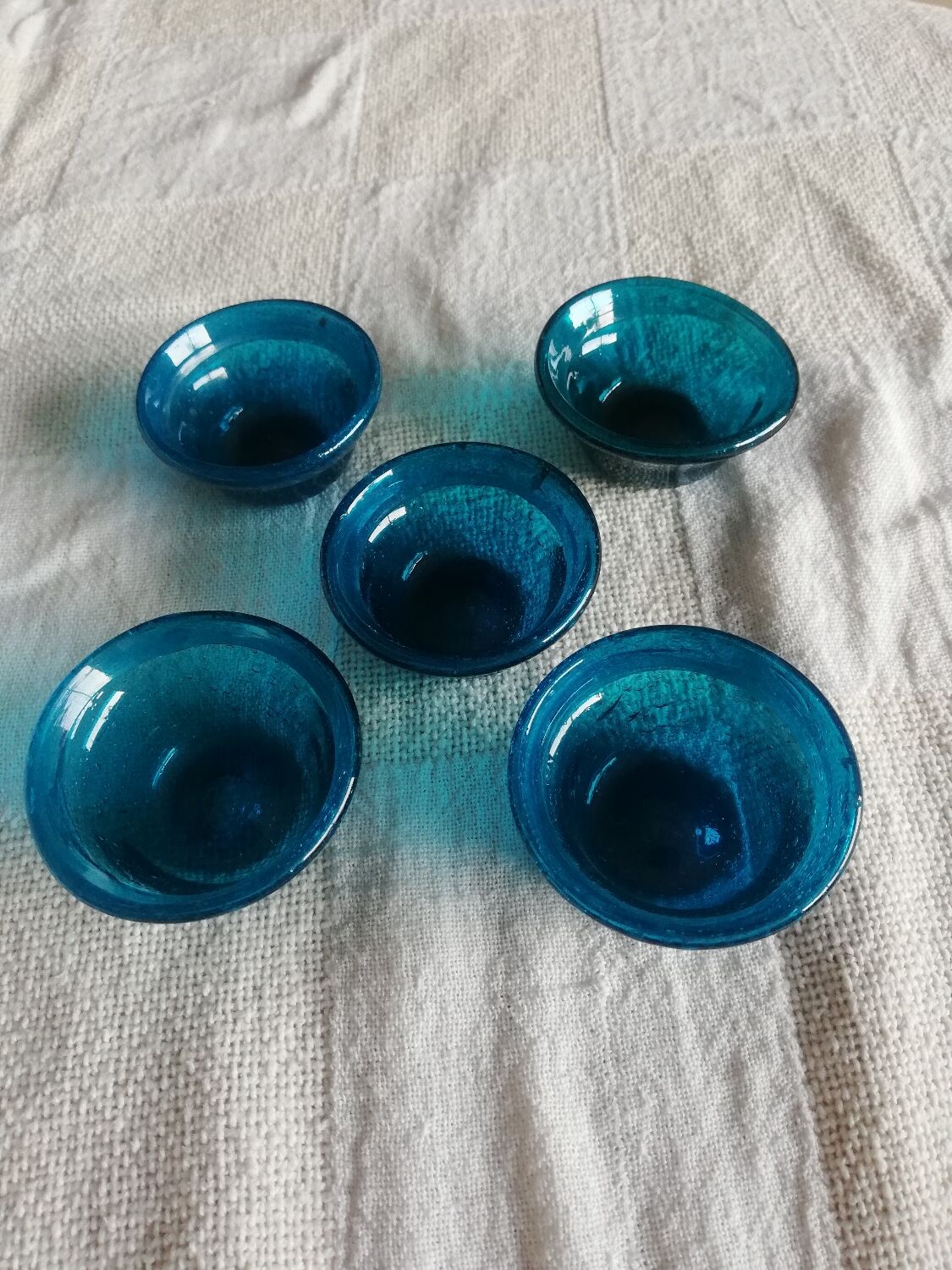 Set of five turquoise cups blown glass