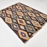 5x7 Burgundy & Green Geometric Pattern Vintage Kilim Rug, 162x218Cm