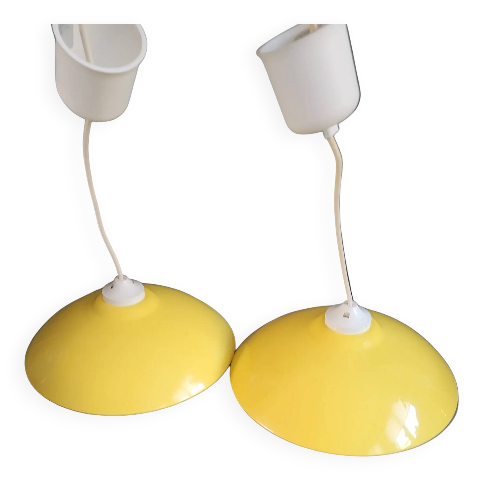 Pair of yellow lacquered metal pendant lights
