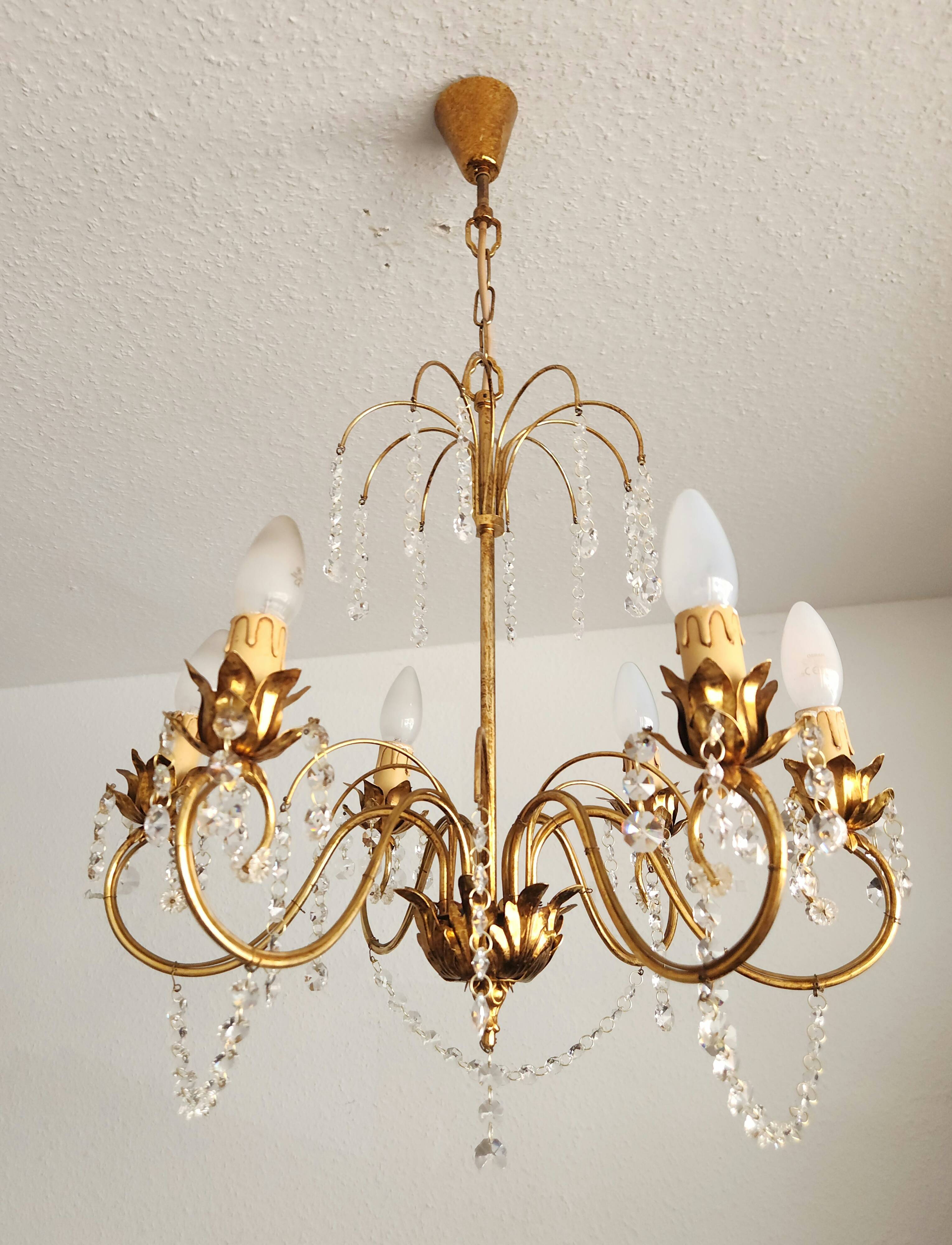 Messing doré lustre à 6 lumières lampe cristal cascade 1950-1970