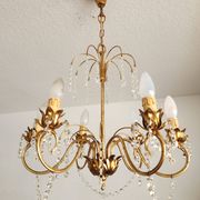 Messing vergoldet 6-Licht Kronleuchter Lampe Wasserfall Kristall 1950-1970