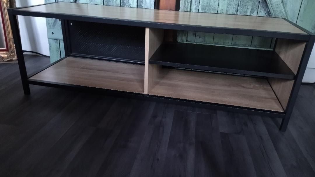 Industrial tv cabinet in metal and wood.
