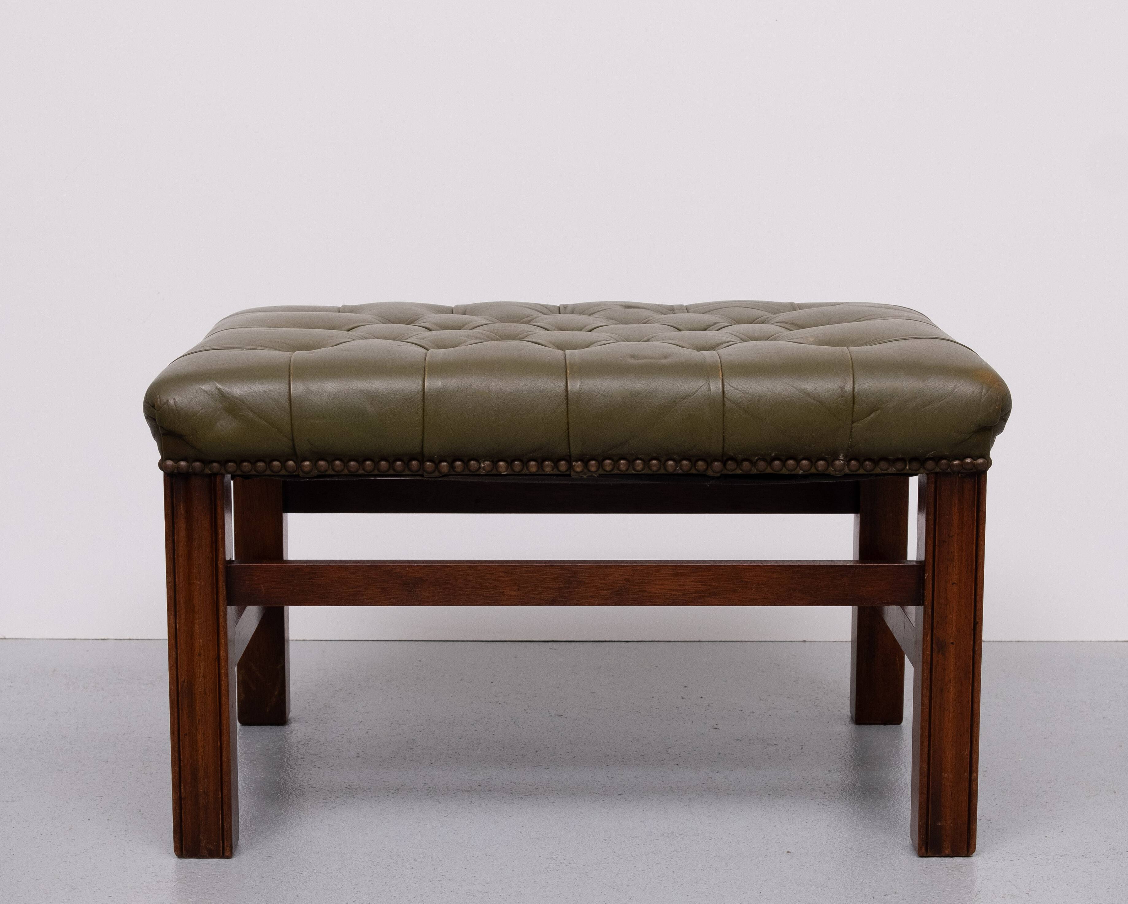 Capped Green Leather Chesterfield Foot stool 1960s England