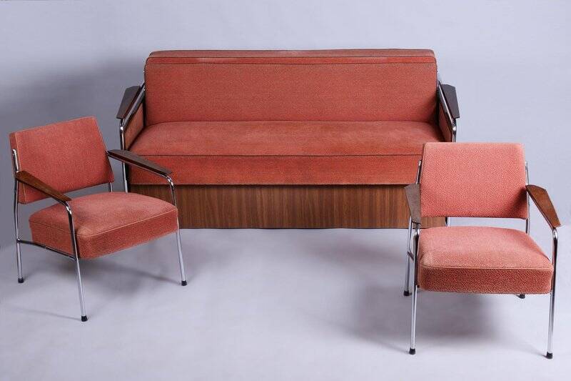 Bauhaus Seating Set in Tubular Chrome-Plated Steel, Czech, 1940s, Set of 3