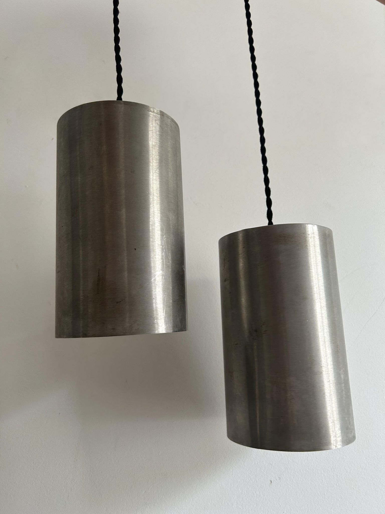 Pair of vintage brushed metal pendant lamps, France 1960