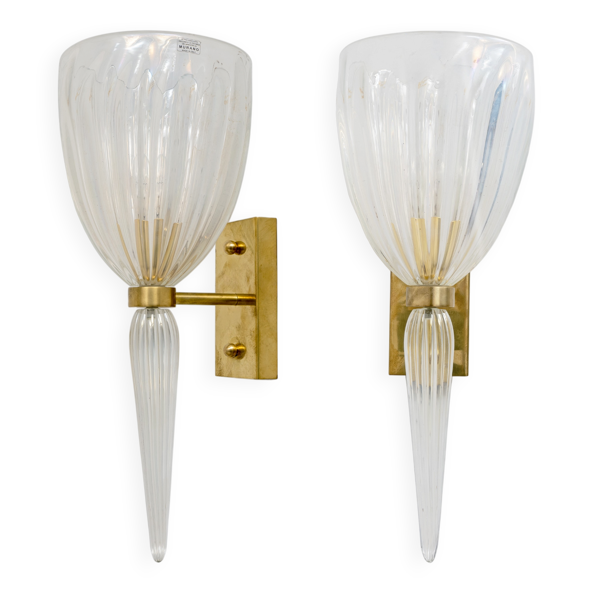 Pair of Italian Murano Iridescent Glass and Brass Wall Sconces
