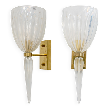 Pair of Italian Murano Iridescent Glass and Brass Wall Sconces