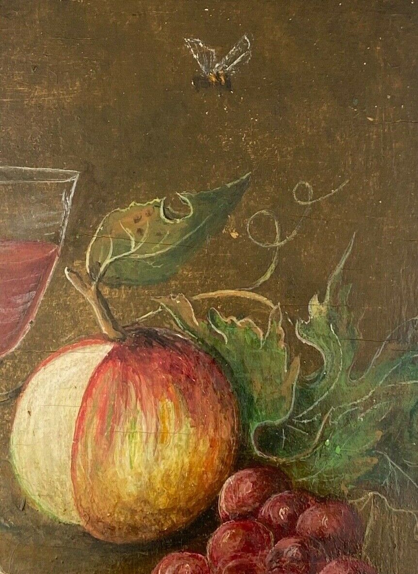 Oil panel monogram eg to identify still life fruits glass wine