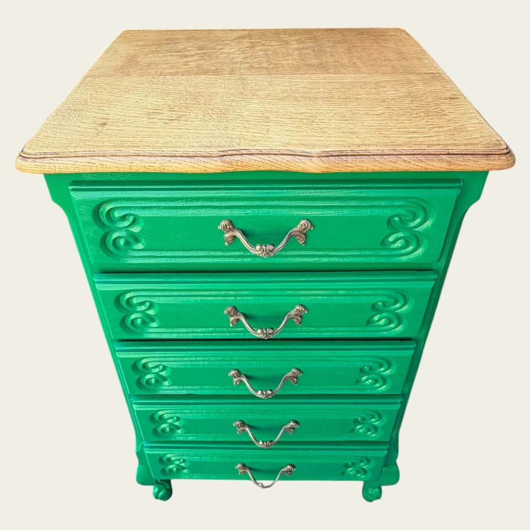 Vintage green oak chest of drawers from the 1960s.