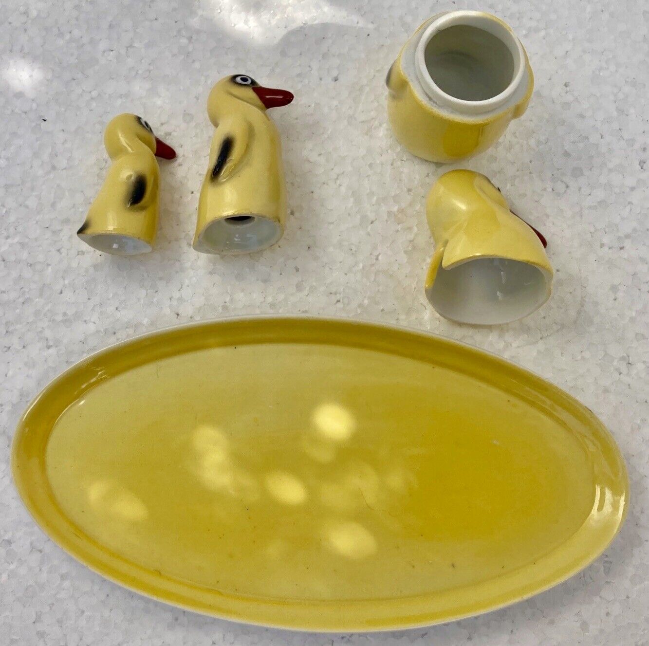 salt shaker, pepper shaker, mustard Set condiment service, porcelain Pfeffer Gotha - penguins