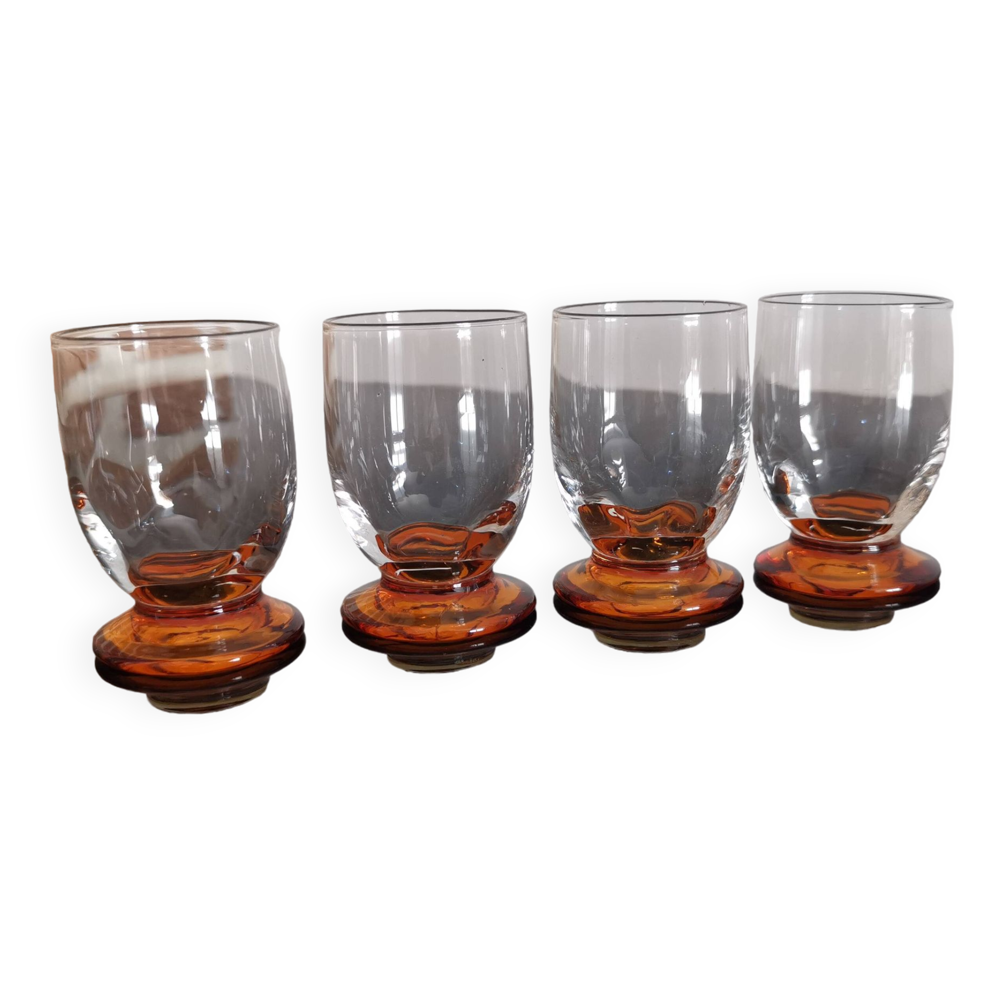 4 digestive/shooter glasses blown 1930 venetian sides and amber feet art-deco