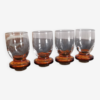 4 digestive/shooter glasses blown 1930 venetian sides and amber feet art-deco