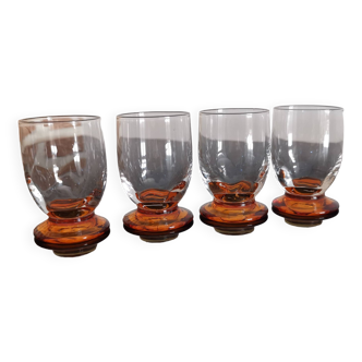4 digestive/shooter glasses blown 1930 venetian sides and amber feet art-deco