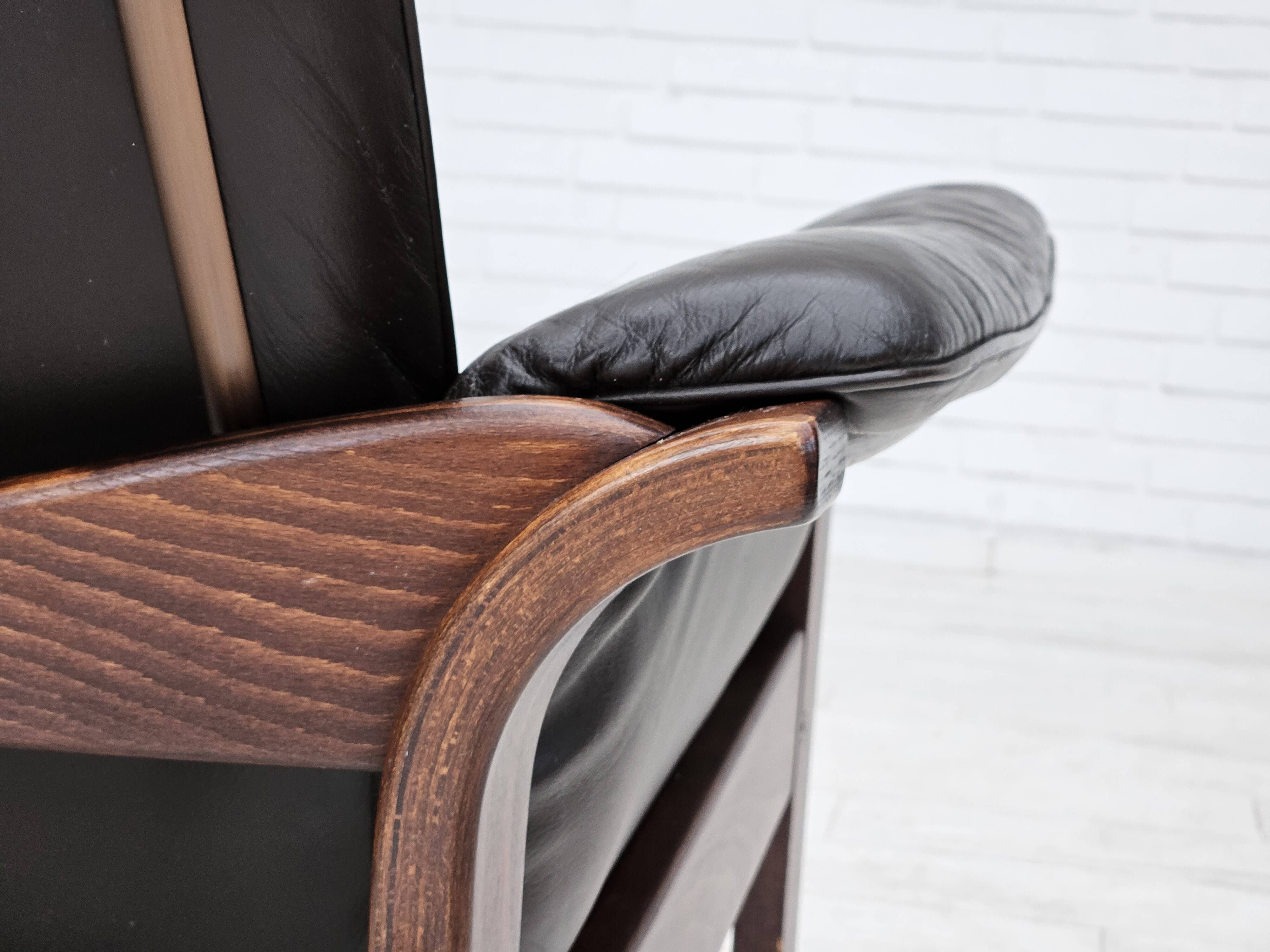 Chaise longue réglable, cuir marron années 1970, design suédois par göte möbler