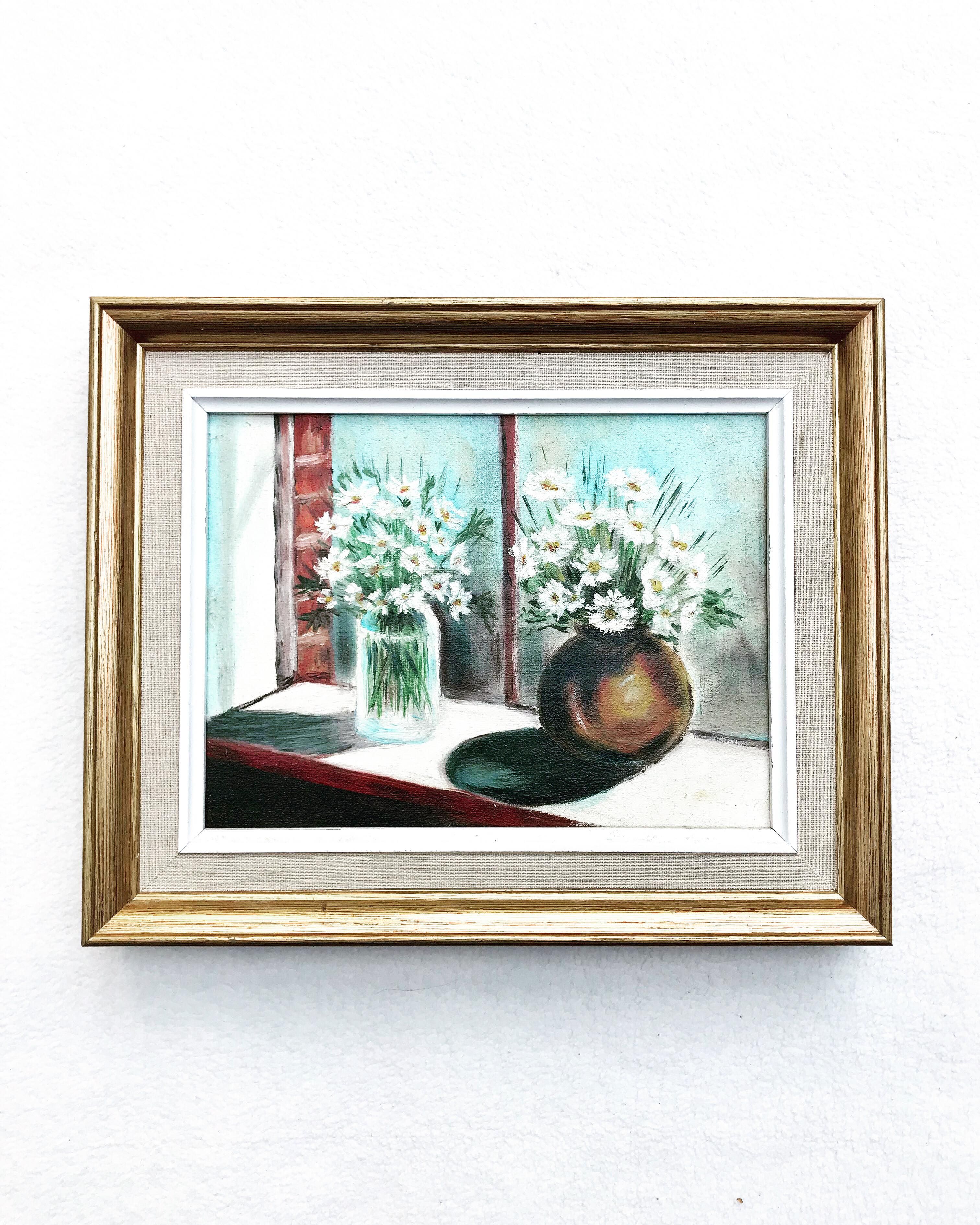 Cadre En Bois Doré Avec Canevas Brodé 'Bouquet De Marguerites' - Réalisé Et Encadré - Occasion Bon état