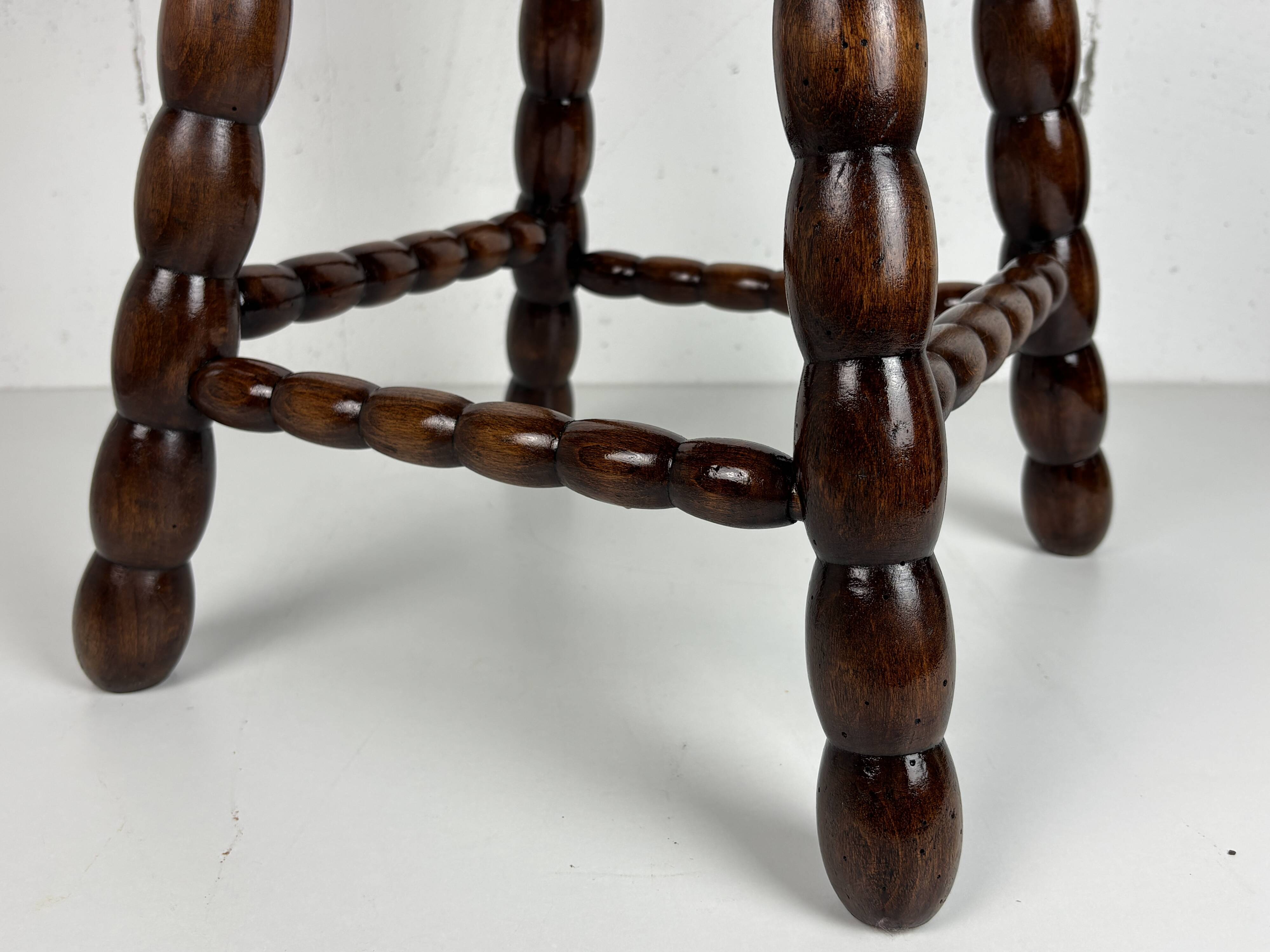Midcentury bobbin wood turned stool, Charles Dudouyt style, France, 1950s