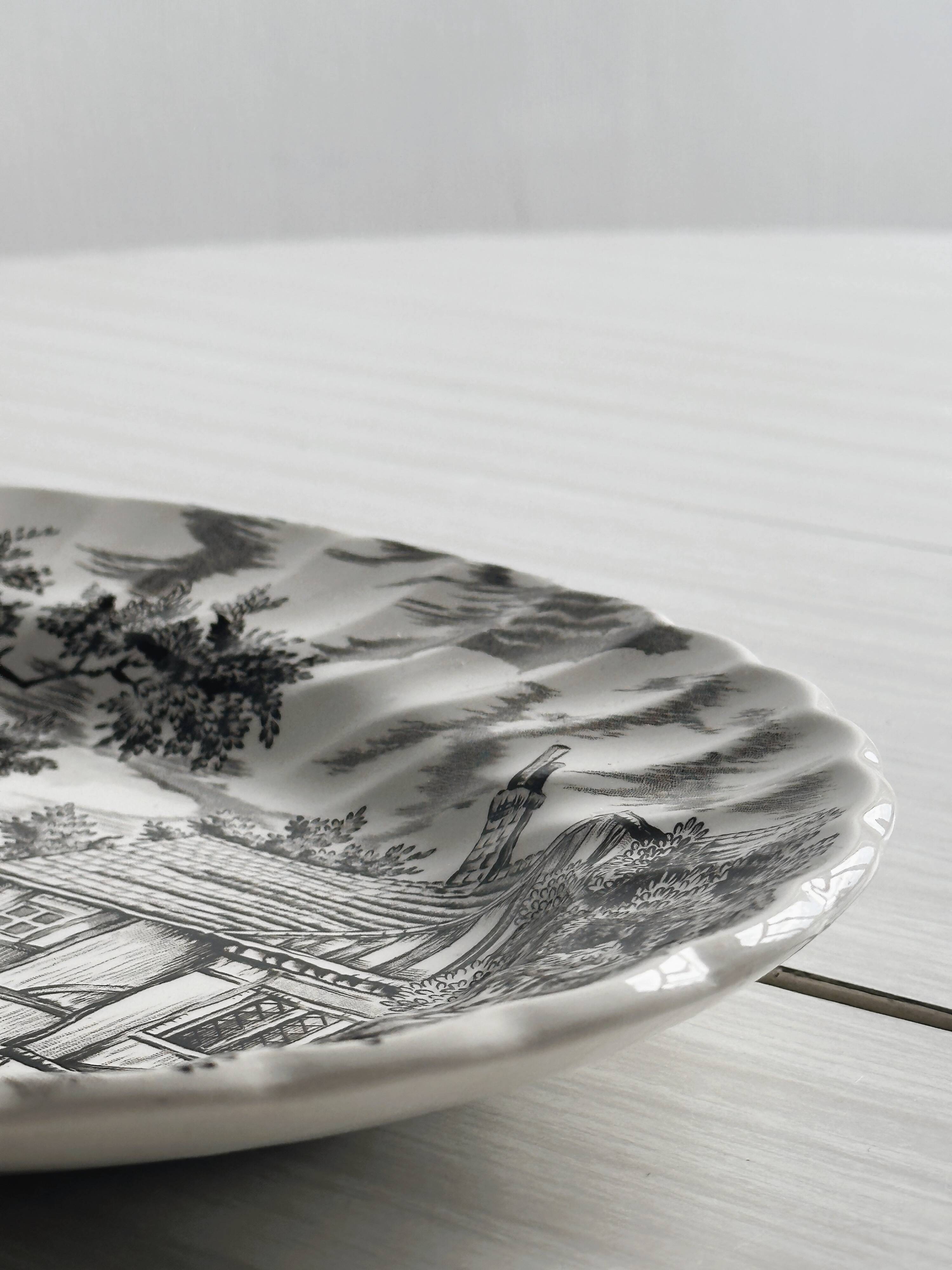 English earthenware dish, countryside scene illustration