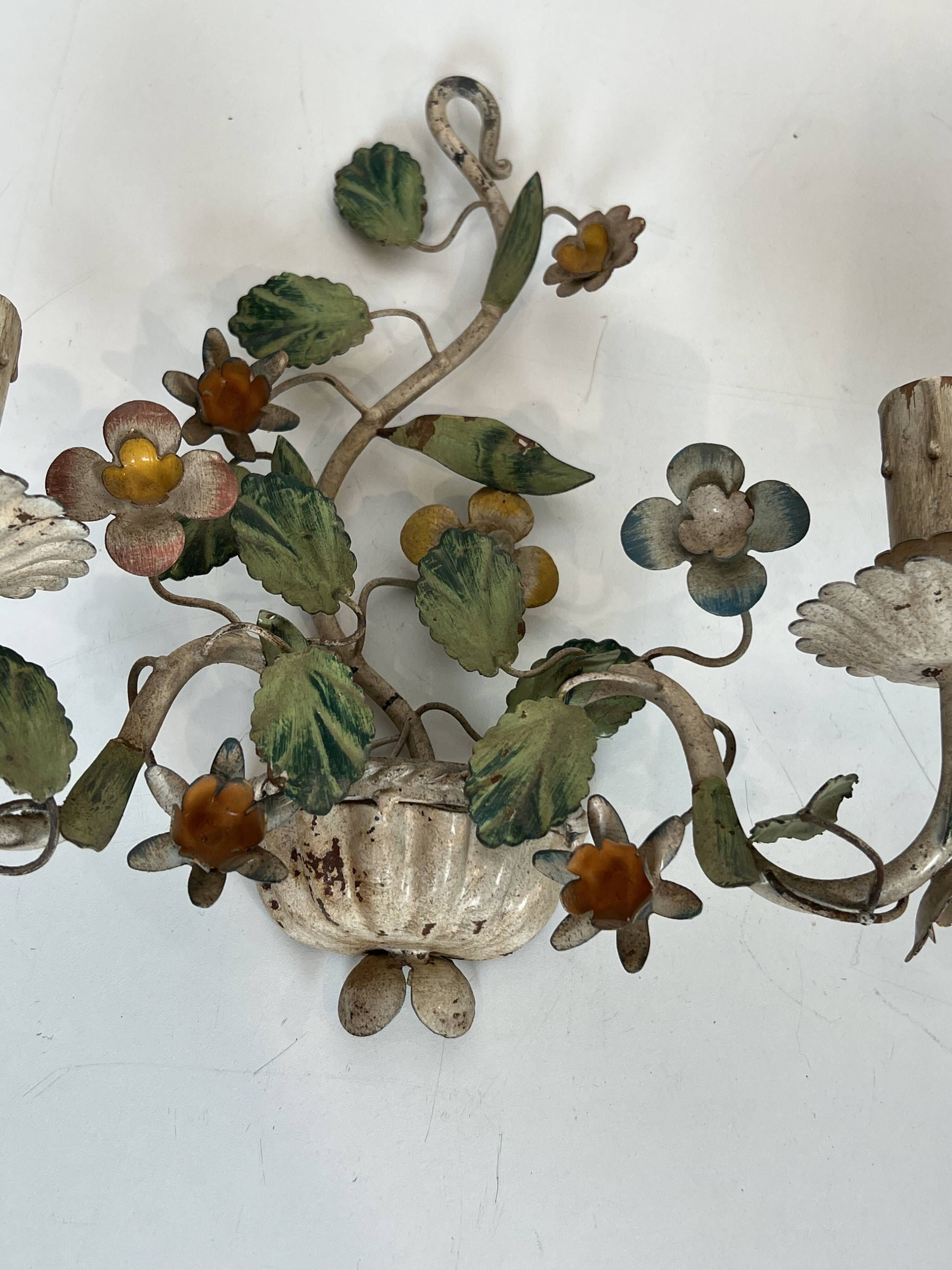 Pair of Wall Lights with Floral Basket in Painted Sheet Metal. Italian Work. Circa 19.