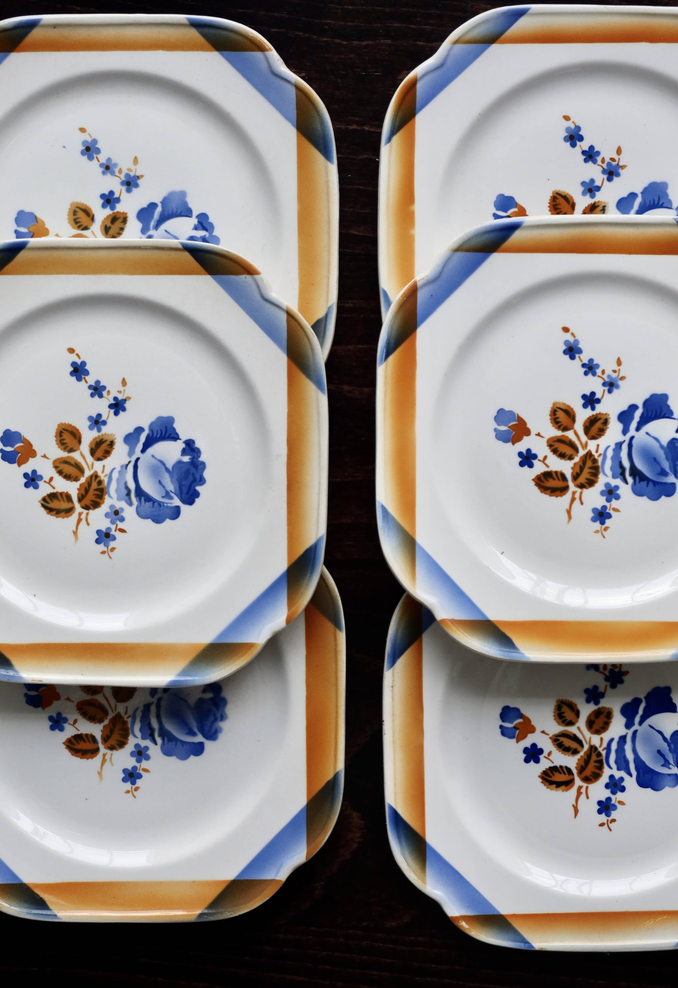 6 assiettes à dessert vintage carrées en faïence Saint Amandinoise