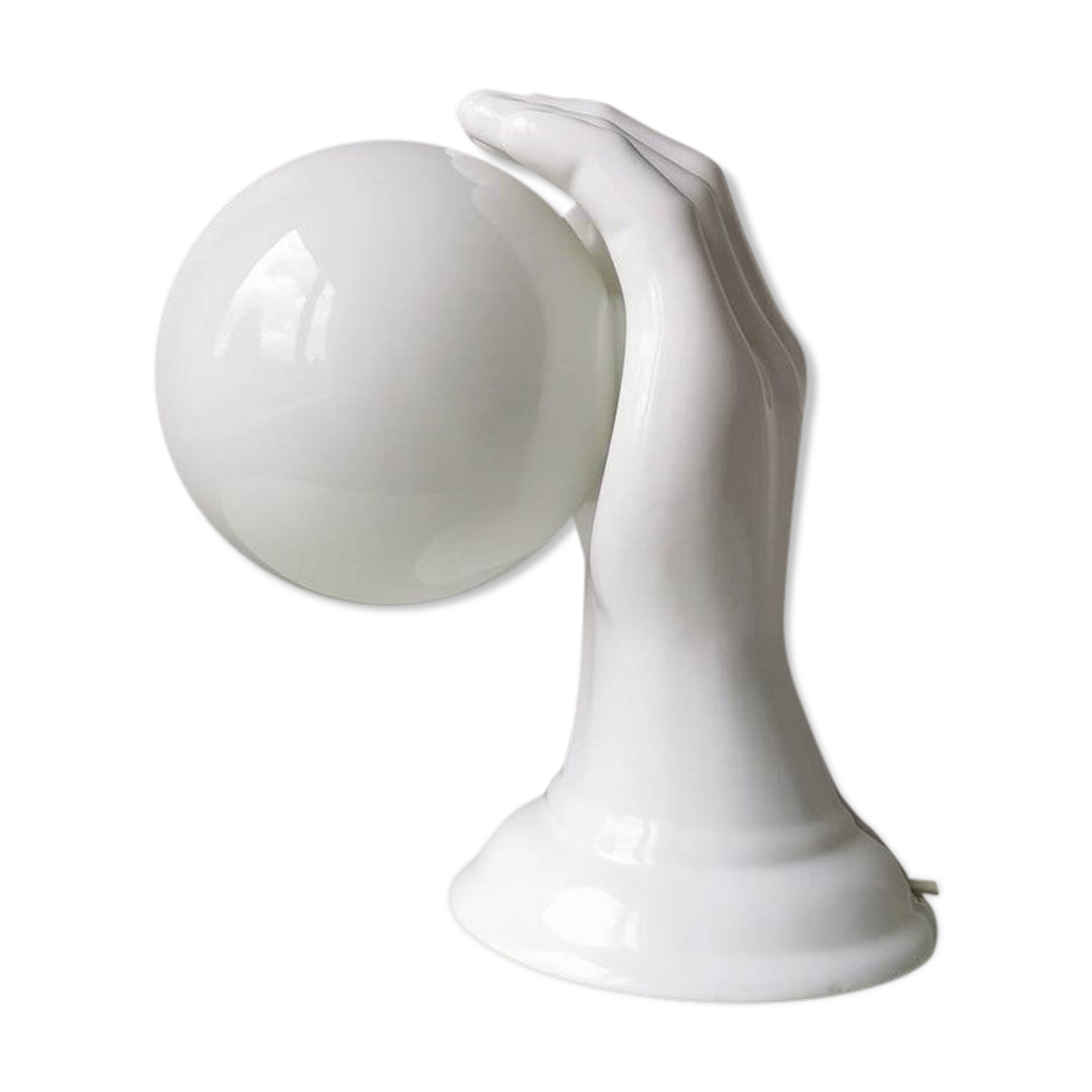 Hand-shaped ceramic wall lamp with 80s glass sphere