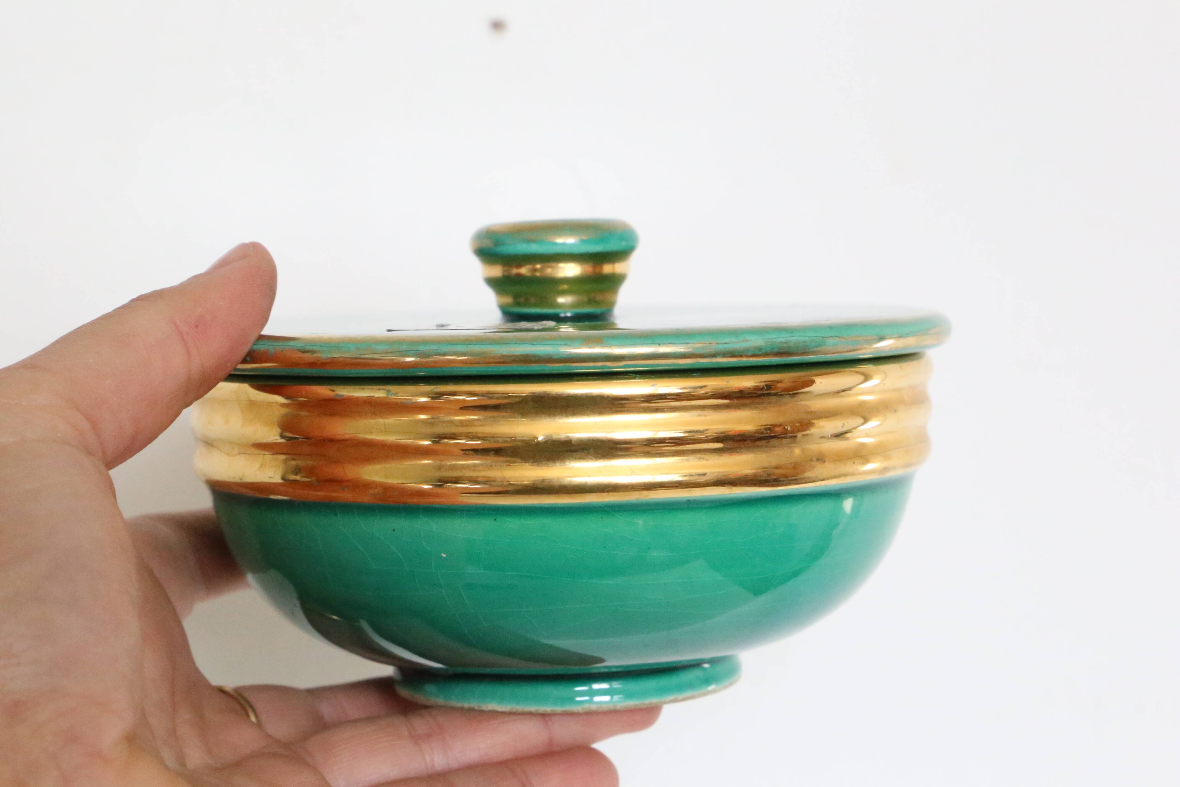 Ceramic jewelry box, green, Elchinger, 1970, vintage French