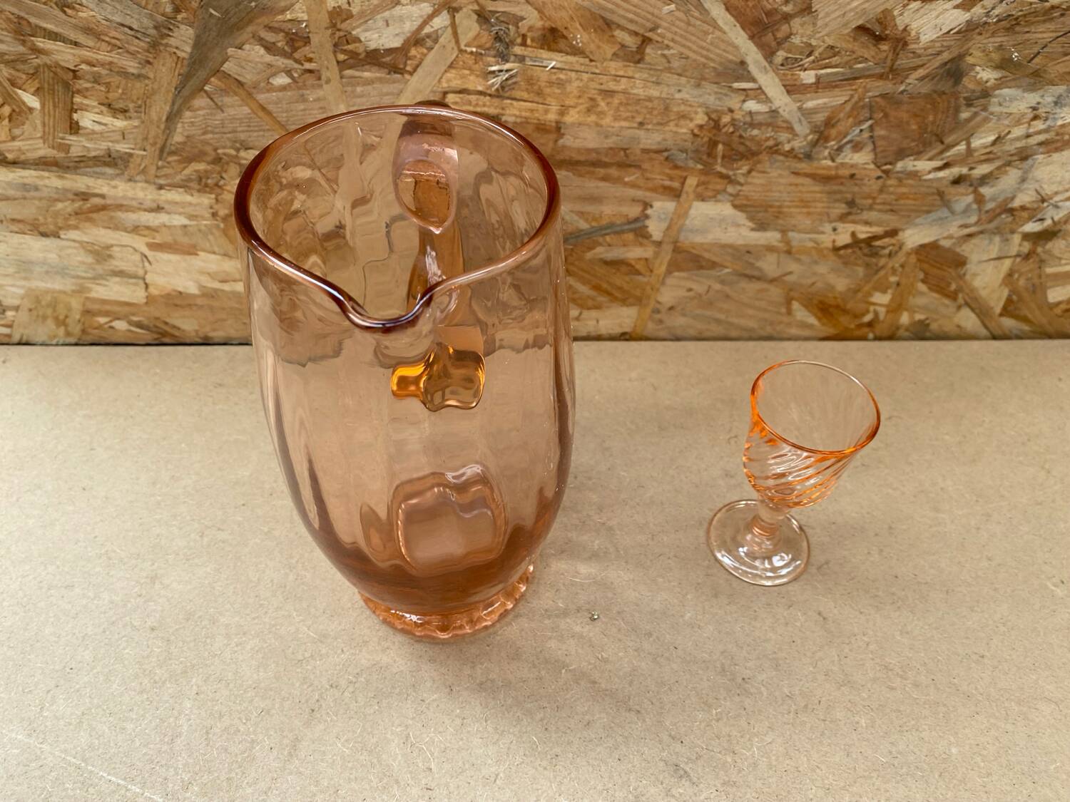 Antique Pink Blown Glass Pitcher Set + 6 Vintage Liqueur Glasses