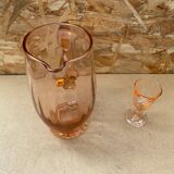 Antique Pink Blown Glass Pitcher Set + 6 Vintage Liqueur Glasses