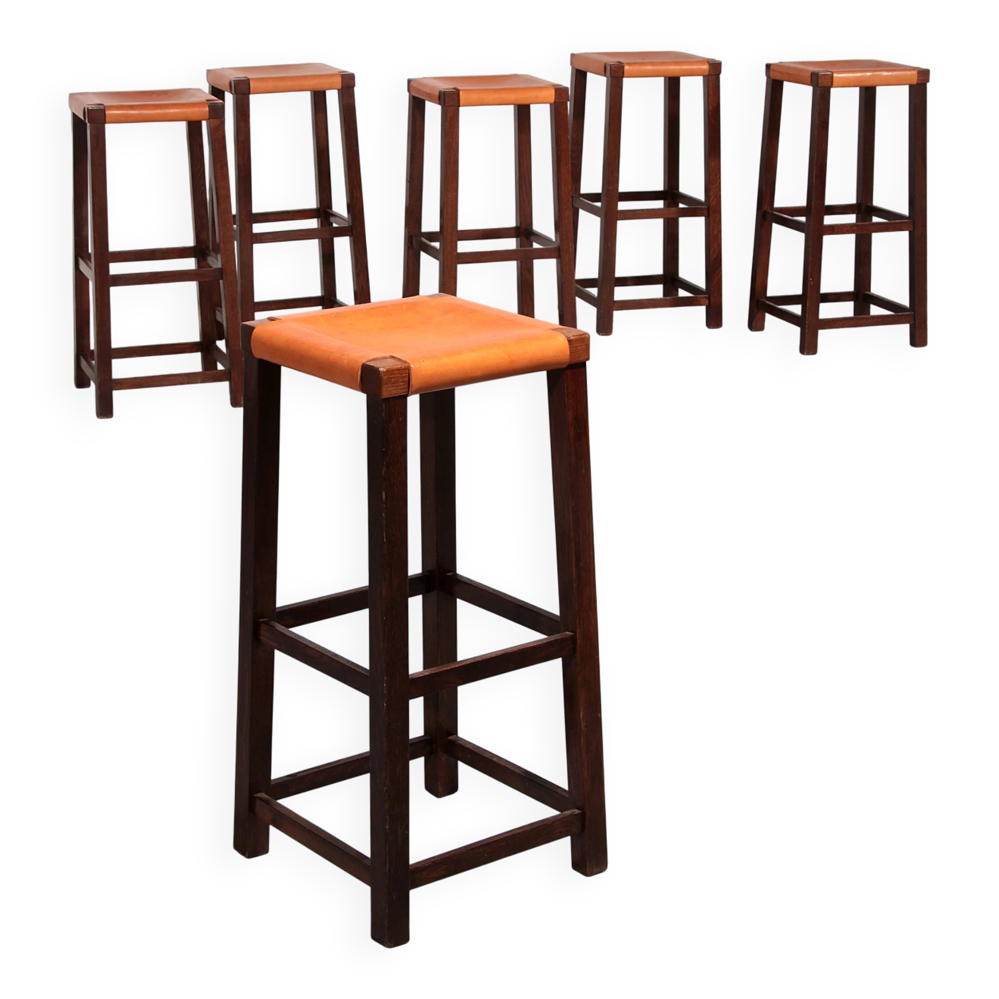 Mid-century oak bar stools with cognac leather seats