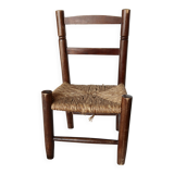 Chaise enfant vintage en bois foncé et assise en paille tressée