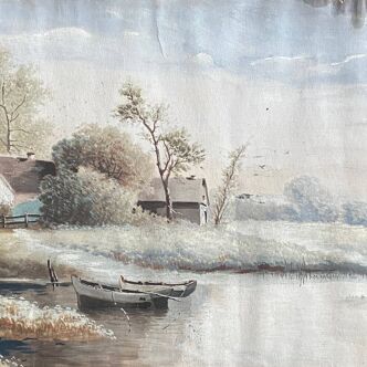 Tableau ancien gouache aquarellée "paysage lacustre en hiver" signé G.Redourtier