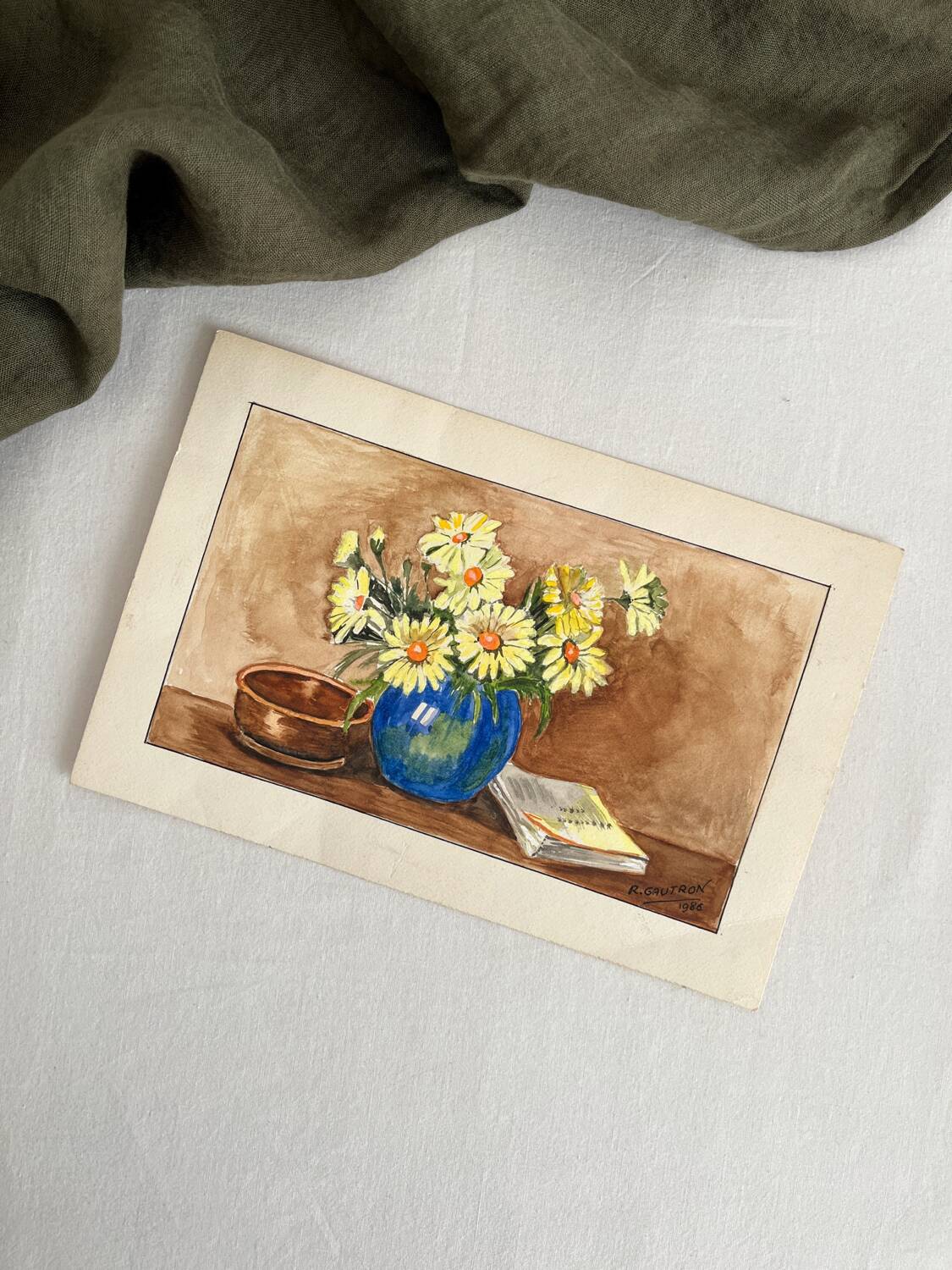 Small watercolor bouquet of yellow flowers signed Gautron 1986