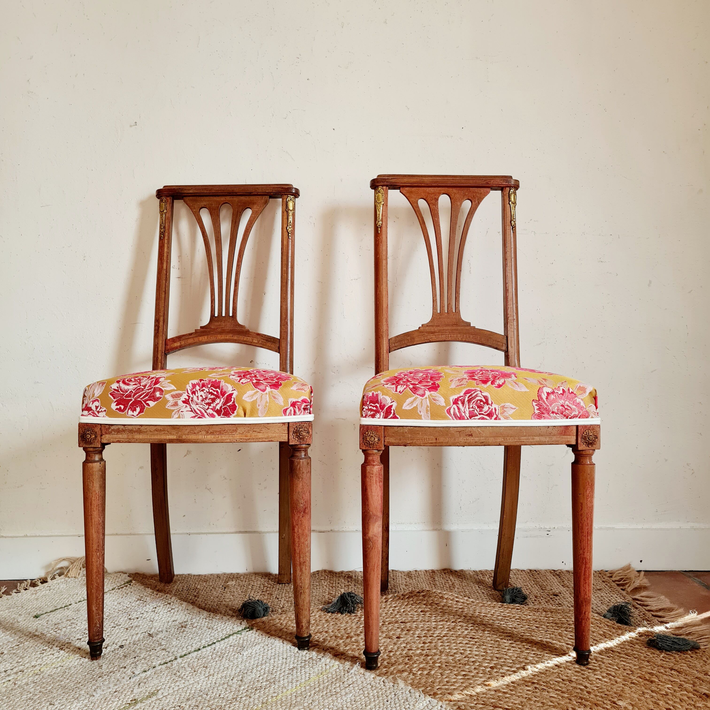 Duo of antique wooden chairs seated redone