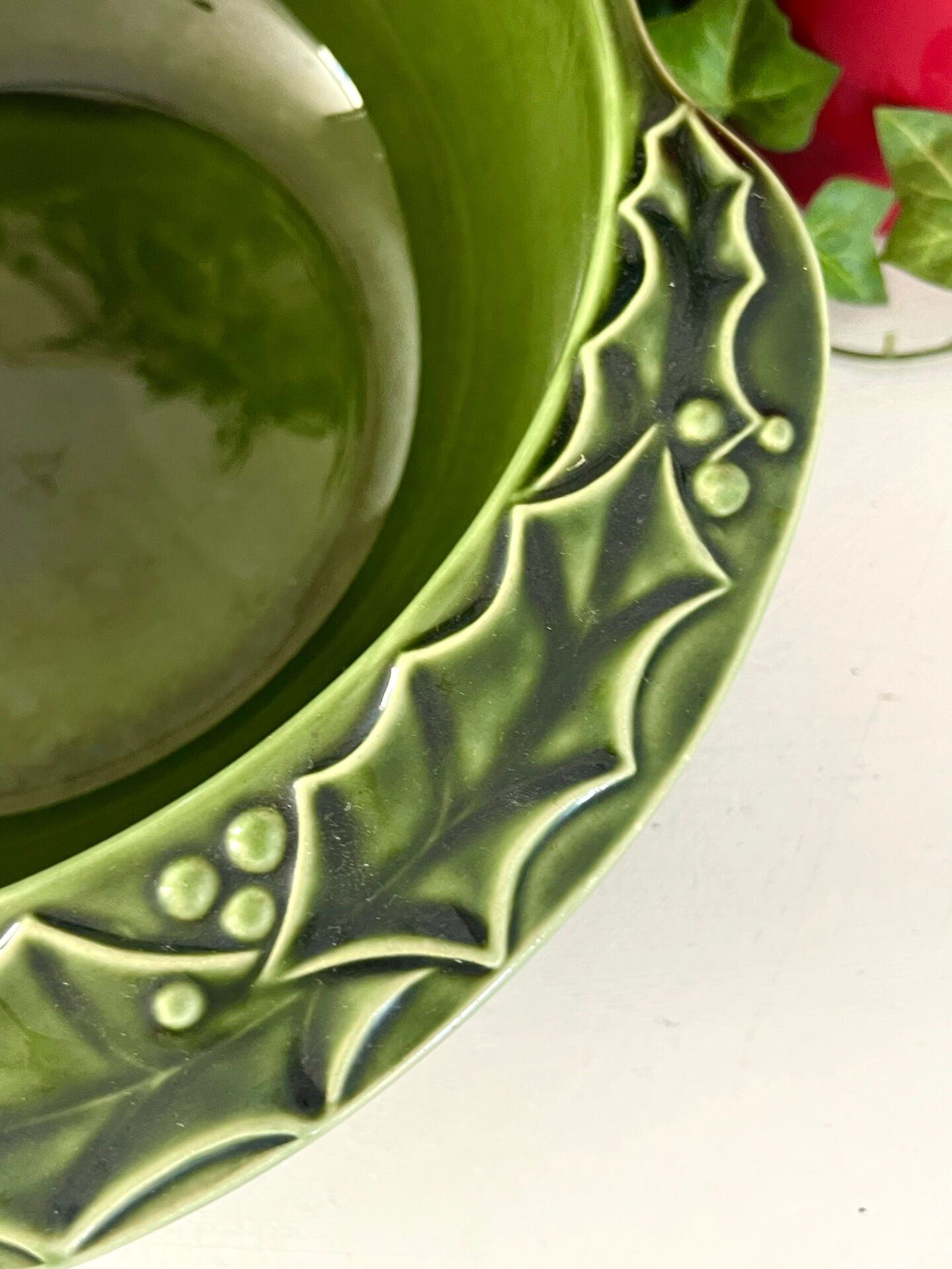 Christmas serving bowl, French BCI holly ceramic bowl, green glazed