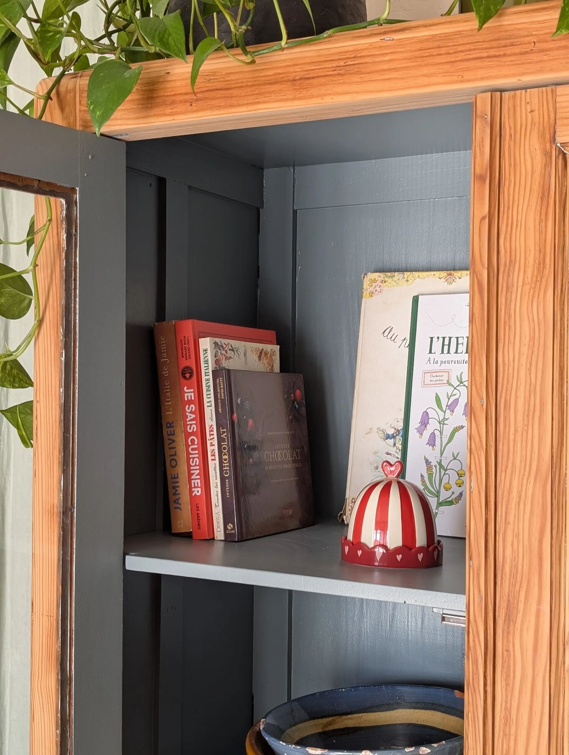 Old glass-fronted wooden library – blue interior