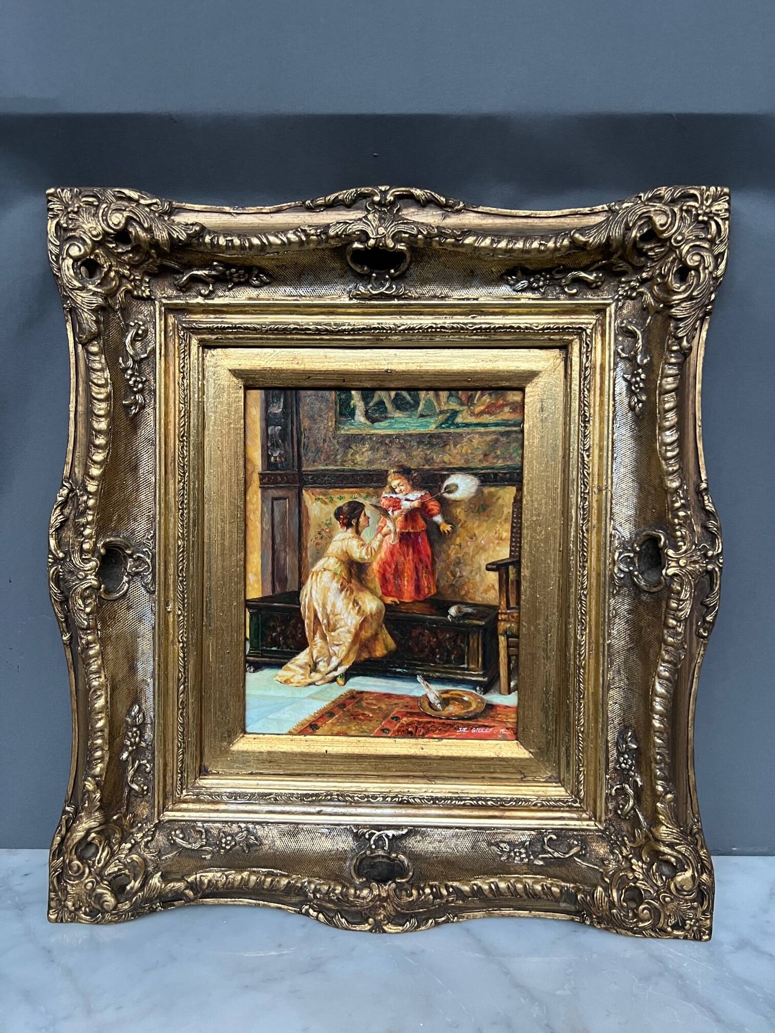 R. de Greef. “Girl with a bird” genre painting.