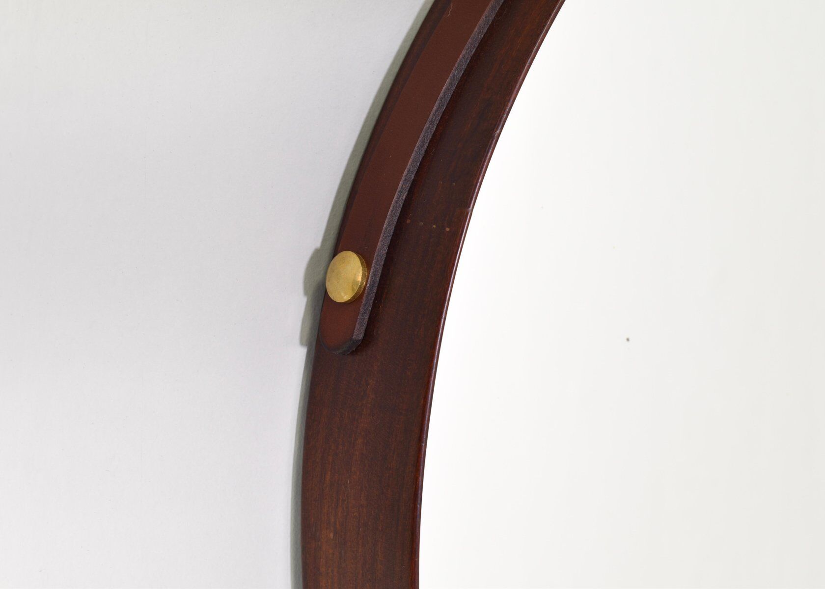 Italian round wall mirror in solid teak leather and brass 1950 68x53cm