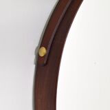 Miroir mural rond italien en teck massif cuir et laiton 1950 68x53cm