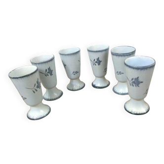 Set of 6 mazagrans with plant motif (carnations) blue-gray on white background