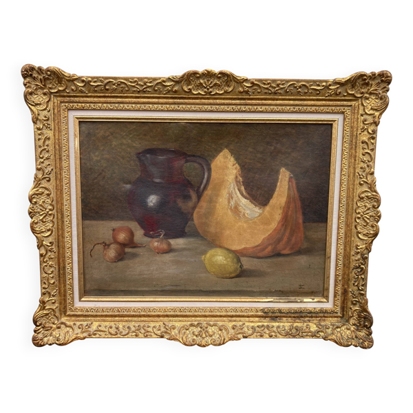 École Française, Nature morte à la Courge et au broc, Huile sur toile encad