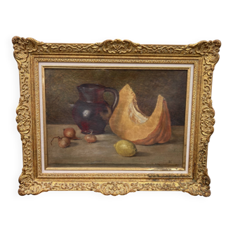 French School, Still Life with Gourd and Jug, Oil on Canvas Frame