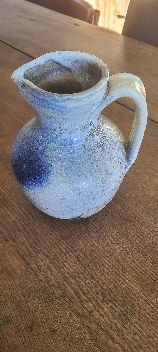 Old bulbous jug pottery vase glazed grey-blue stoneware vintage