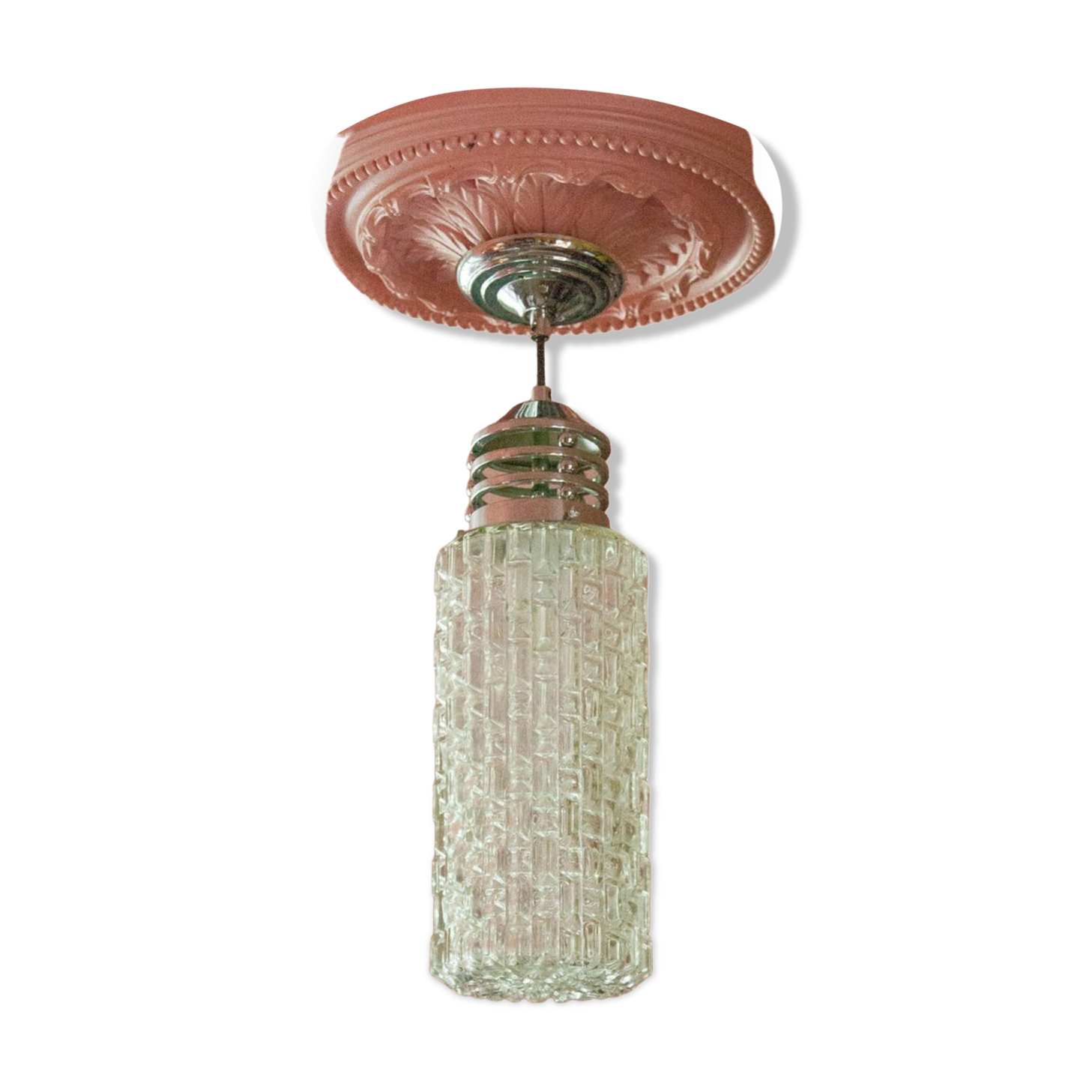 Vintage pendant lamp, Cylindrical glass suspension and chromed metal, ceiling lamp