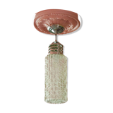 Vintage pendant lamp, Cylindrical glass suspension and chromed metal, ceiling lamp