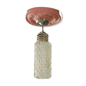 Suspension vintage, Suspension verre cylindrique et métal chromé, lampe de plafond