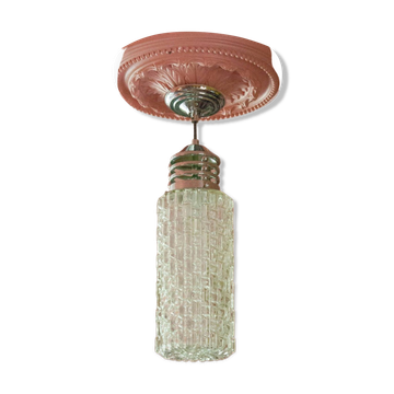 Suspension vintage, Suspension verre cylindrique et métal chromé, lampe de plafond