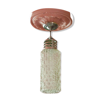 Vintage pendant lamp, Cylindrical glass suspension and chromed metal, ceiling lamp