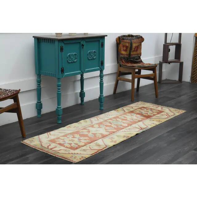1970s Vintage Turkish Handmade Wool & Cotton Orange Runner Rug 69X196