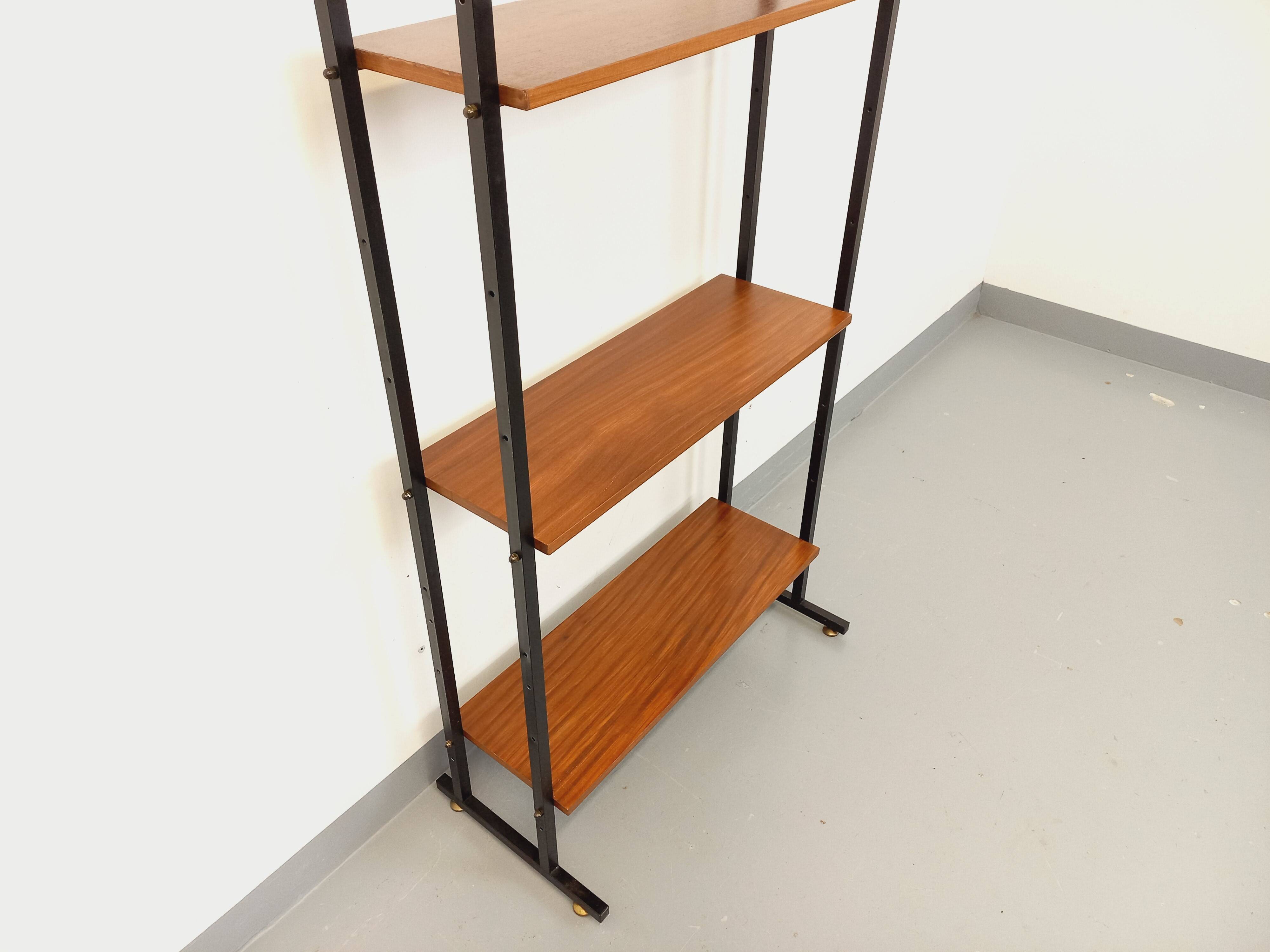 Vintage Italian modular teak and metal bookcase